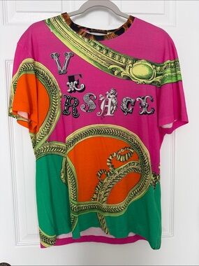 Versace Unisex  Pink Multi-Color Graphic Logo T-Shirt